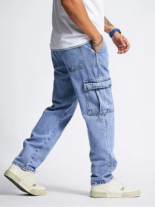 Men's Classic Multi-Pocket Jeans - Casual Street Style Regular Fit, Machine Washable, All-Season Wear, Light Blue Jeans