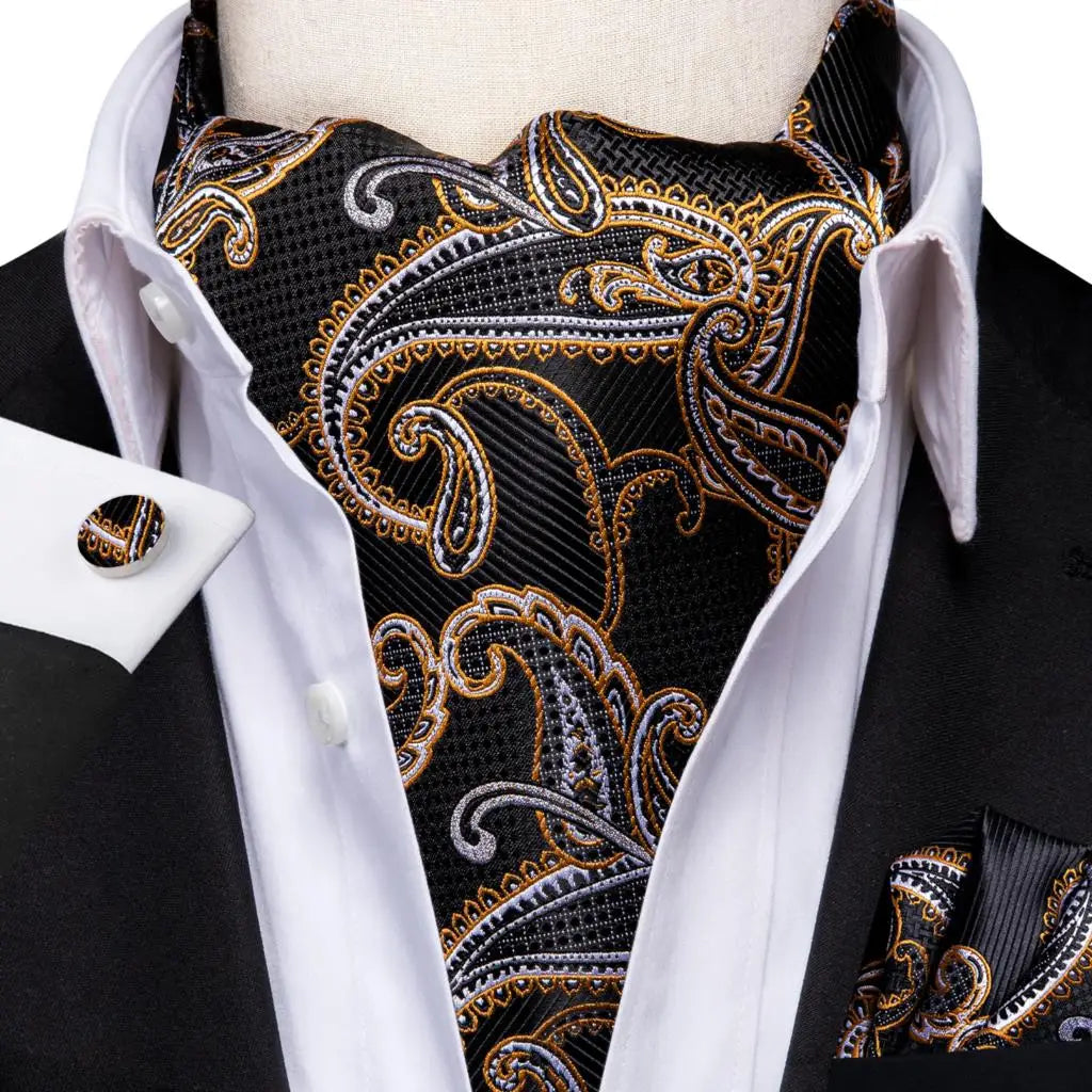 Hi-Tie Mens Ascot Black Pink Blue Red Gold Green Purple White Cravat Tie Hanky Cufflinks for Male Wedding Business Prom