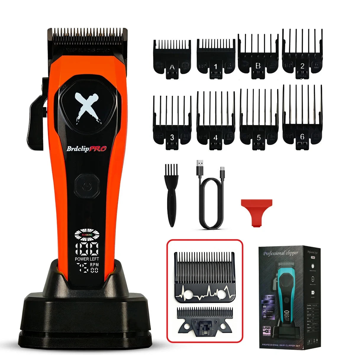Professional BRDCLIP 619 Hair Clipper 7500RPM Precision Steel Sharp-angled Blades LCD Display Charging Base Hair Cutting Machine