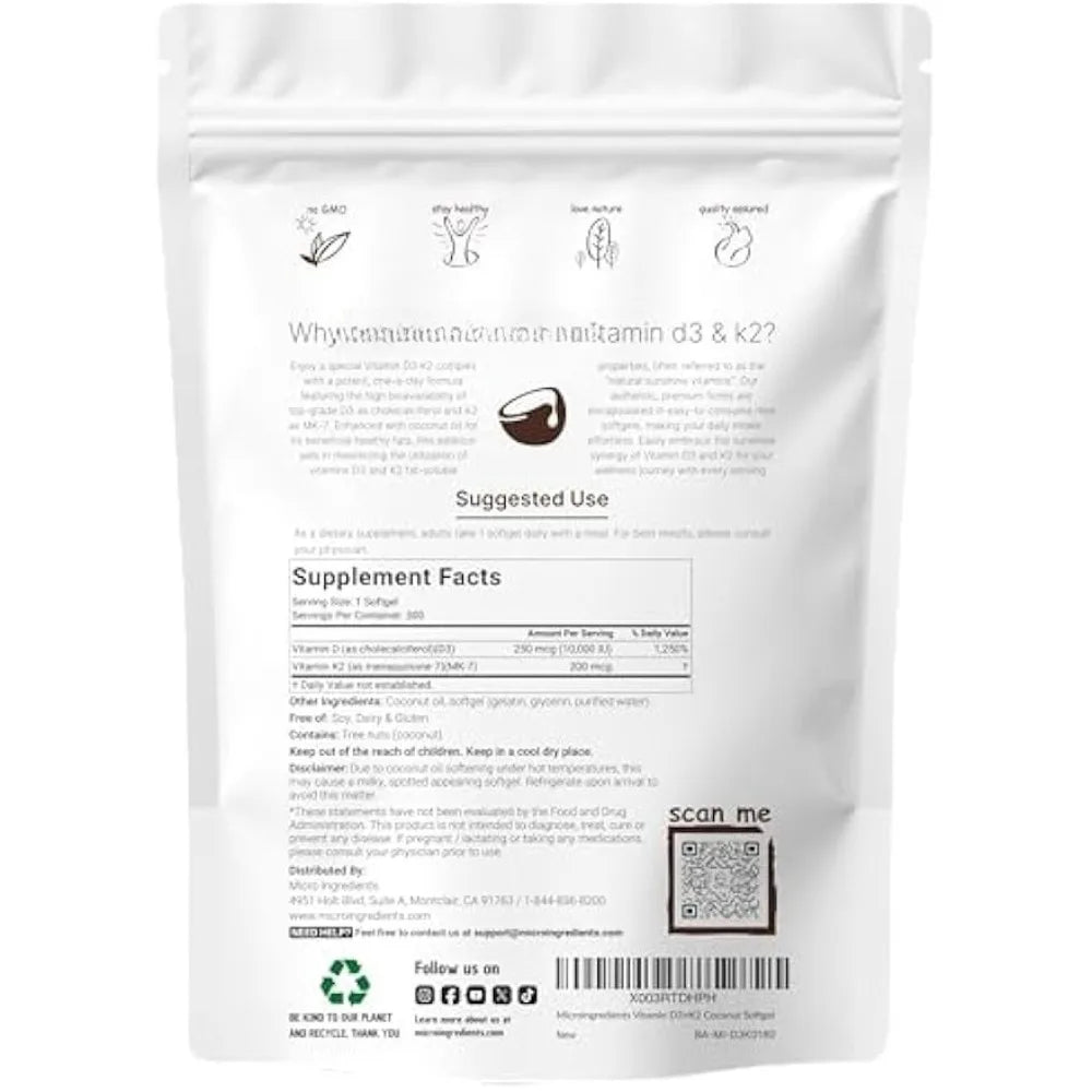 Vitamin D3 10,00 IU + K2 MK-7 200 mcg, 300 Softgels with Virgin Coconut Oil 2-in-1 Vitamins D & K Complex | Extra Strength