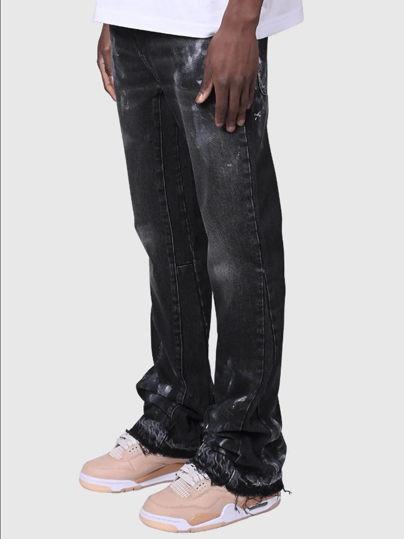Men's Fashion Jeans Work Pants, European and American Fashion Workwear Elastic Patchwork Denim Layered Flared Pants S-XXL