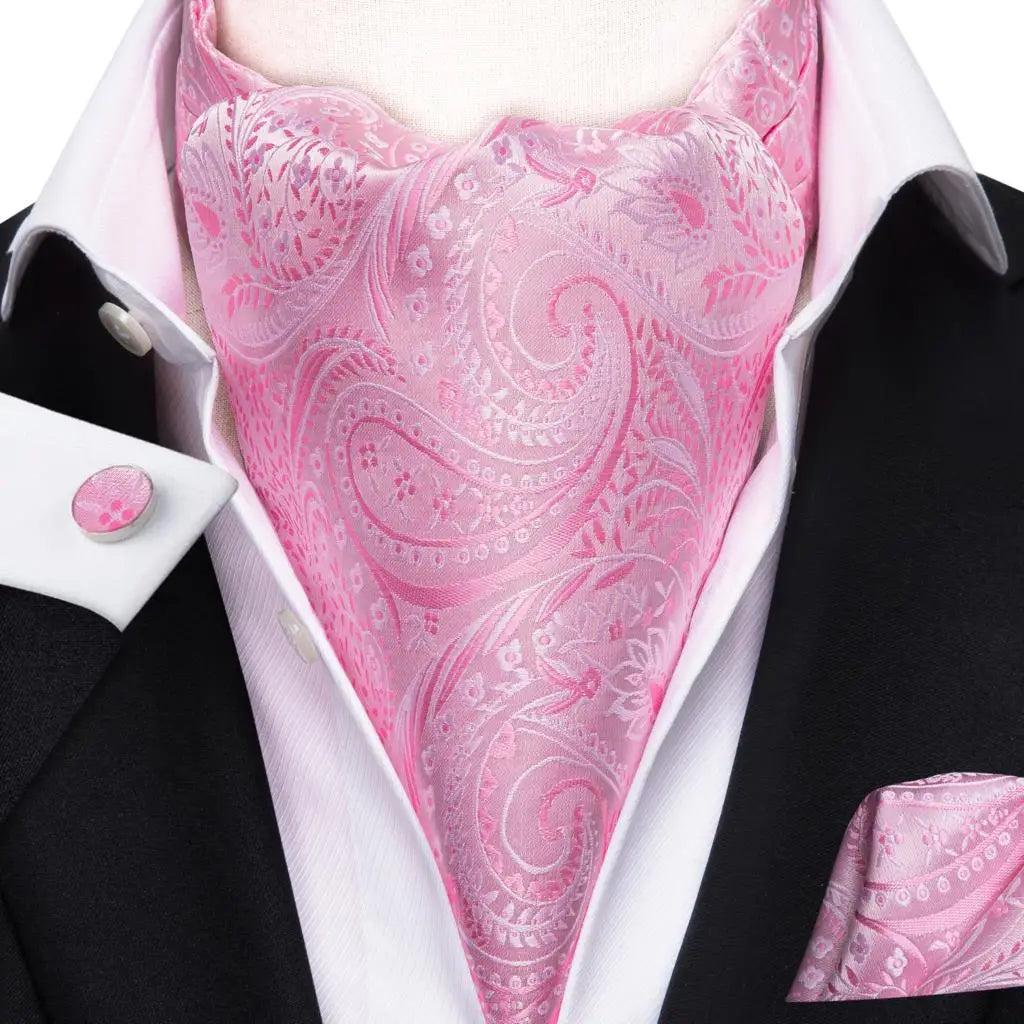 Hi-Tie Mens Ascot Black Pink Blue Red Gold Green Purple White Cravat Tie Hanky Cufflinks for Male Wedding Business Prom