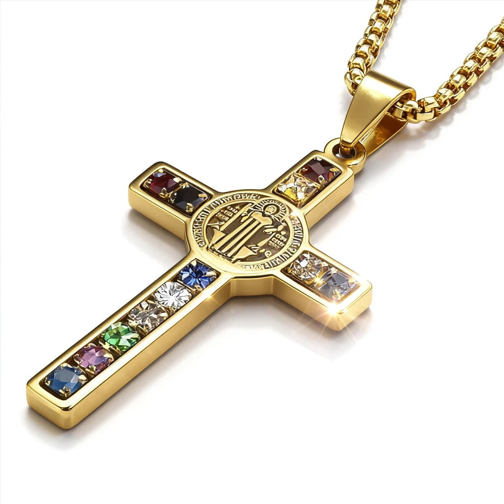 Saint Benedict Jesus Cross Stainless Steel Necklace Catholic Crucifix Male Colored Zircon Necklaces Jewelry San Benito