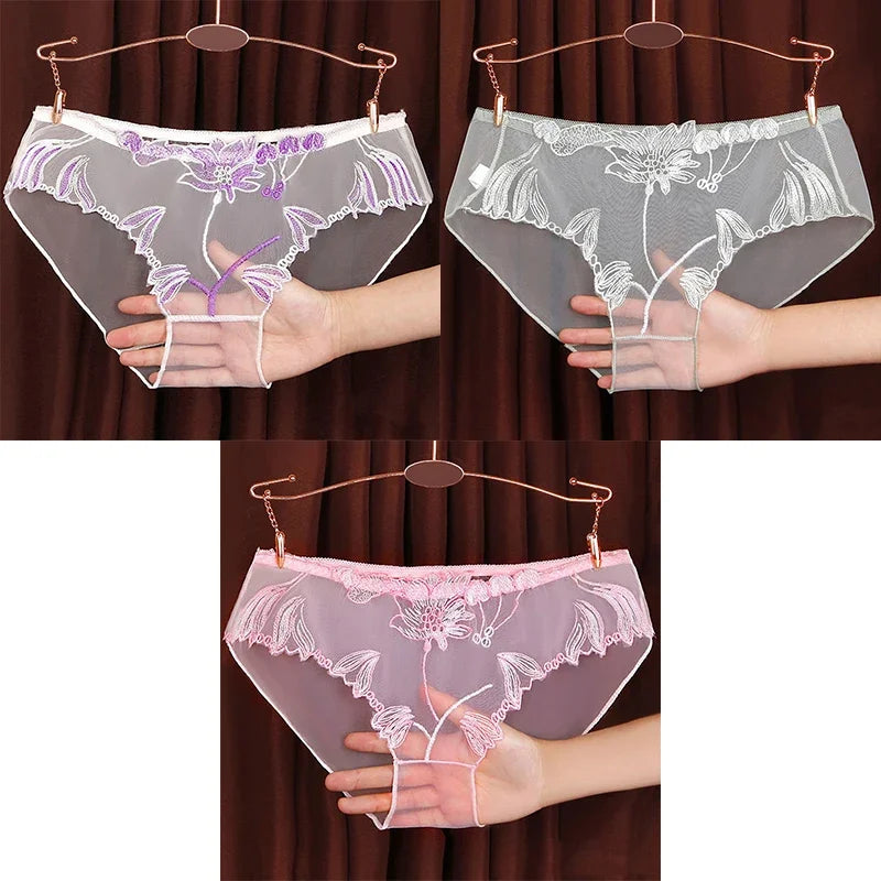 3PCS Solid Full Mesh Sexy Briefs Embroidered Floral Transparent Panties Plus Size Seamless Underwear Low Waist Erotic Lingerie