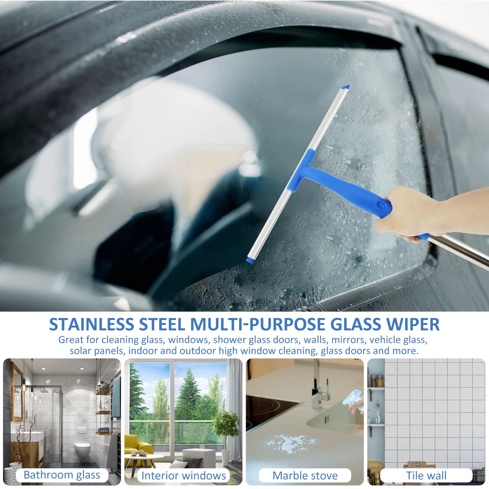 3 in 1 Glass Brush Windows Cleaner Squeegee with 53in Long Hand Professional Household Window Water Stain Cleaning Tool for Bath