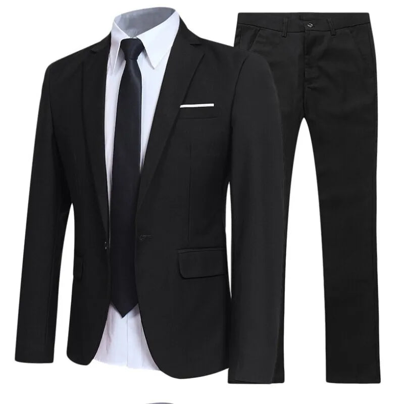 Men's Black Elegant Suits+Pants Slim Fit Single Button Lapel Pockets Blazer Party Formal Business Dress Suit Male Wedding Set