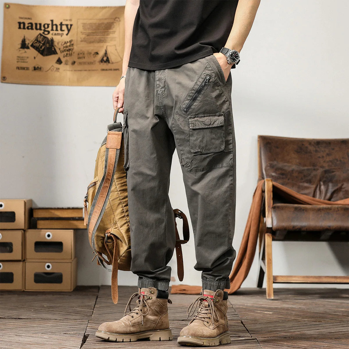 Man's Cargo Pants High Waist Casual Ninth Pants Fashion Slim High Street Straight Workwear Trousers Trend Streetwear Binding leg