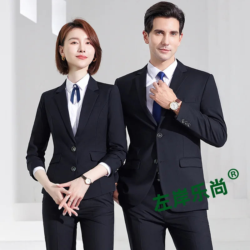 Men's Formal Business Suit Set Black Grey Blue Blazer Pants 2 Piece Work Wear For Office Sales Property 4S Store Staff