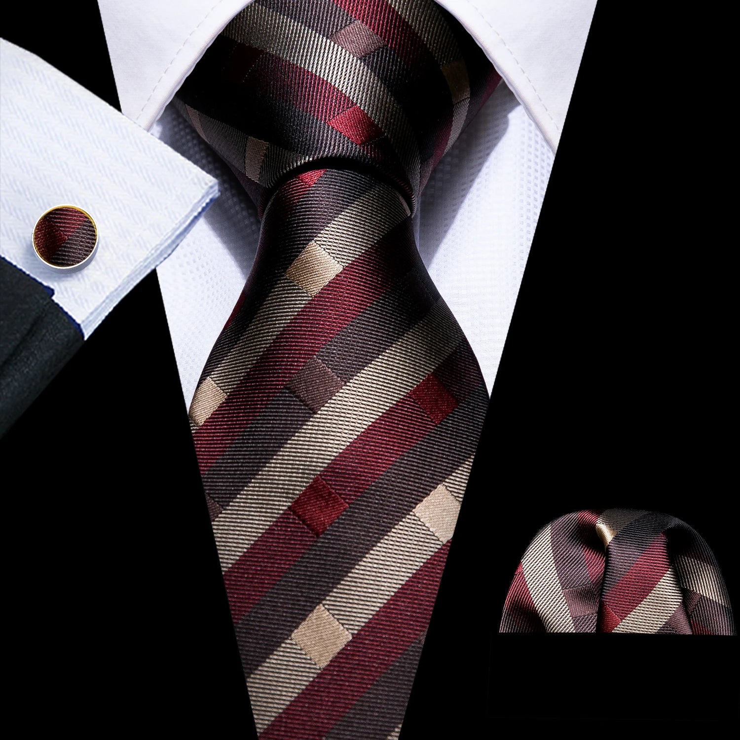 Male Luxury Neck Tie For Men Business Red Striped Tie Hanky Cufflinks Set Neckwear Wedding Party Casual