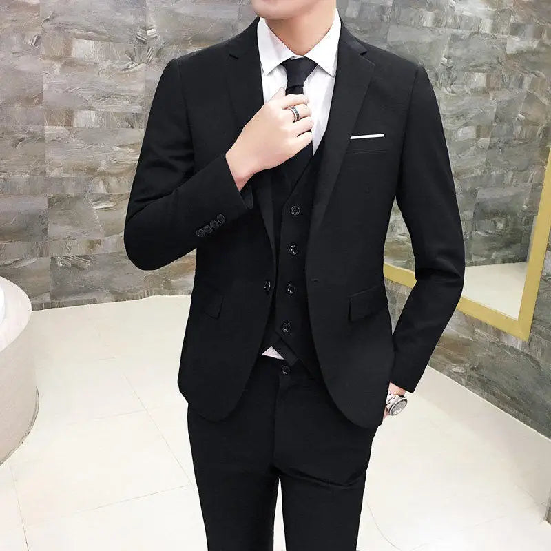 Men's Three-Piece Suit Set Business Formal Tailored Wedding Groomsmen Dress Spring Fashion Urban Polyester Blend Standard Fit