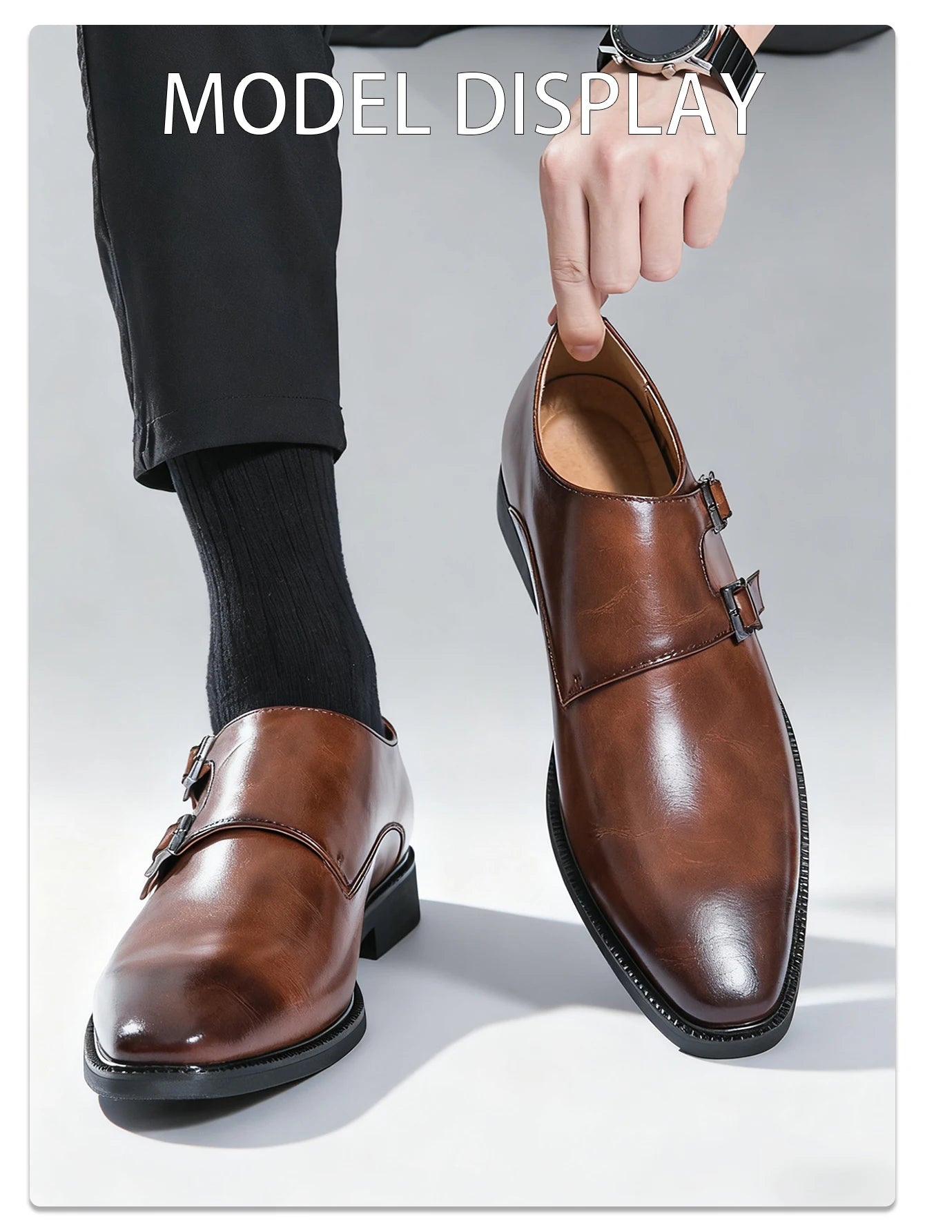 Classic Retro Dress Men's Monk Leather Shoes With Pointed Toe Buckle Business Office Wedding Comfortable Men's Oxfords Shoes