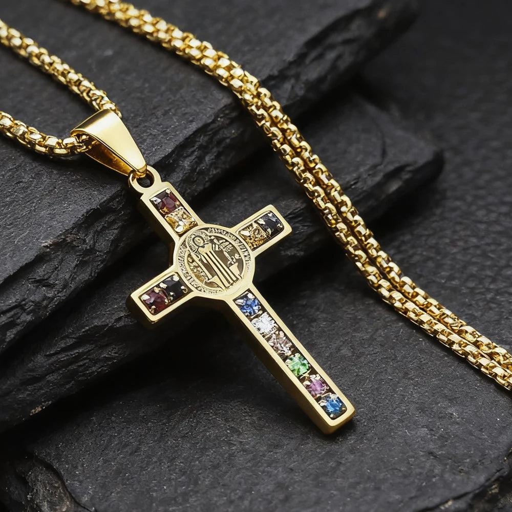 Saint Benedict Jesus Cross Stainless Steel Necklace Catholic Crucifix Male Colored Zircon Necklaces Jewelry San Benito