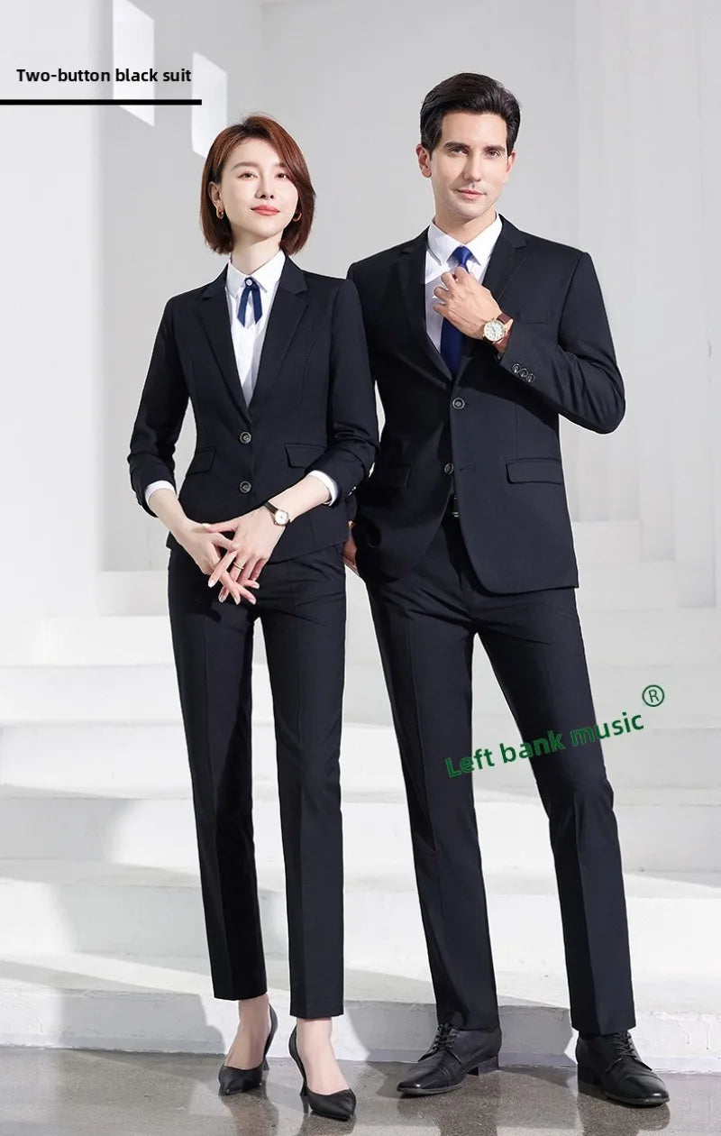 Men's Formal Business Suit Set Black Grey Blue Blazer Pants 2 Piece Work Wear For Office Sales Property 4S Store Staff