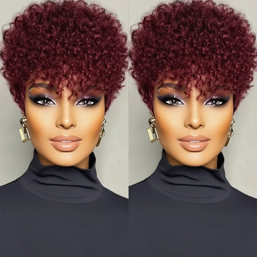 Women'S Brazilian Remy Human Hair Wig -full machine made Natural Look Short Kinky Curly Afro Texture, Voluminous Curly Hair,
