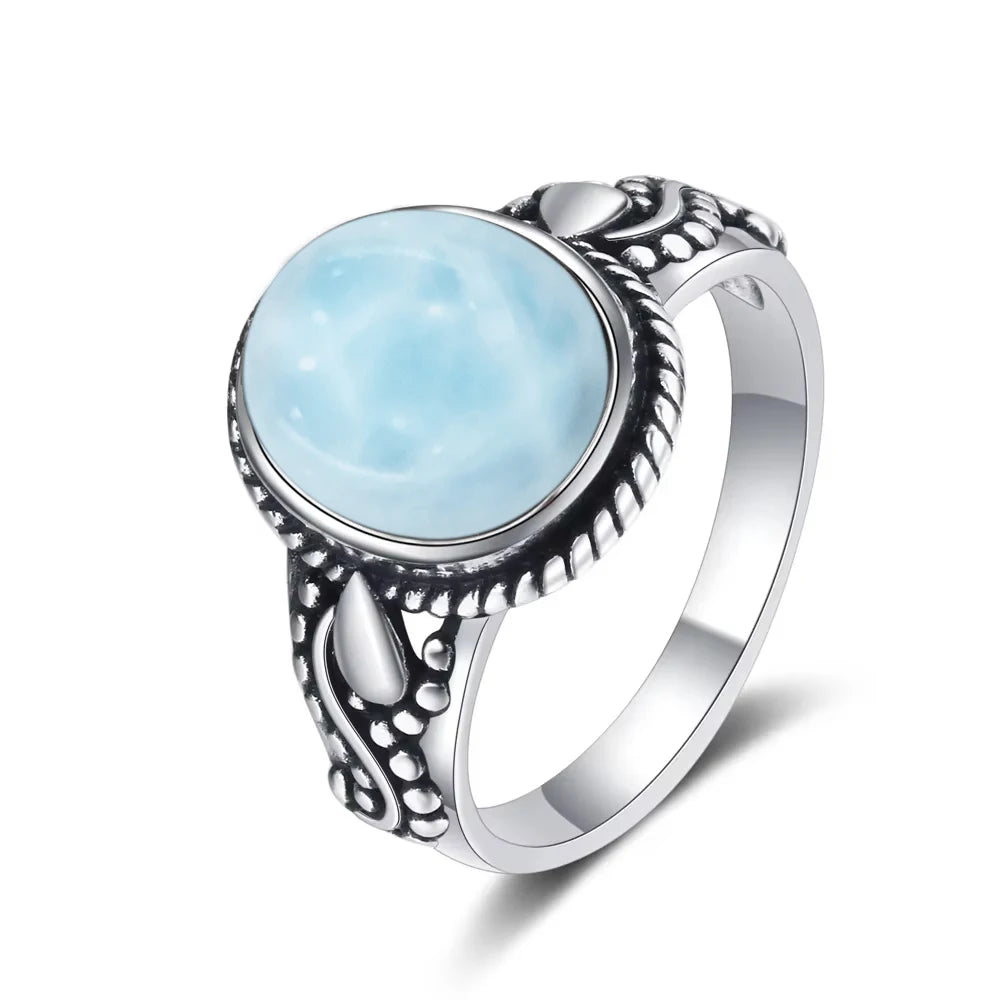 Vintage 925 Silver Ring Natural Larimar Stone Ring Round Flower Shape Sky Blue Summer Ring Fine Jewelry Gift for Men Women