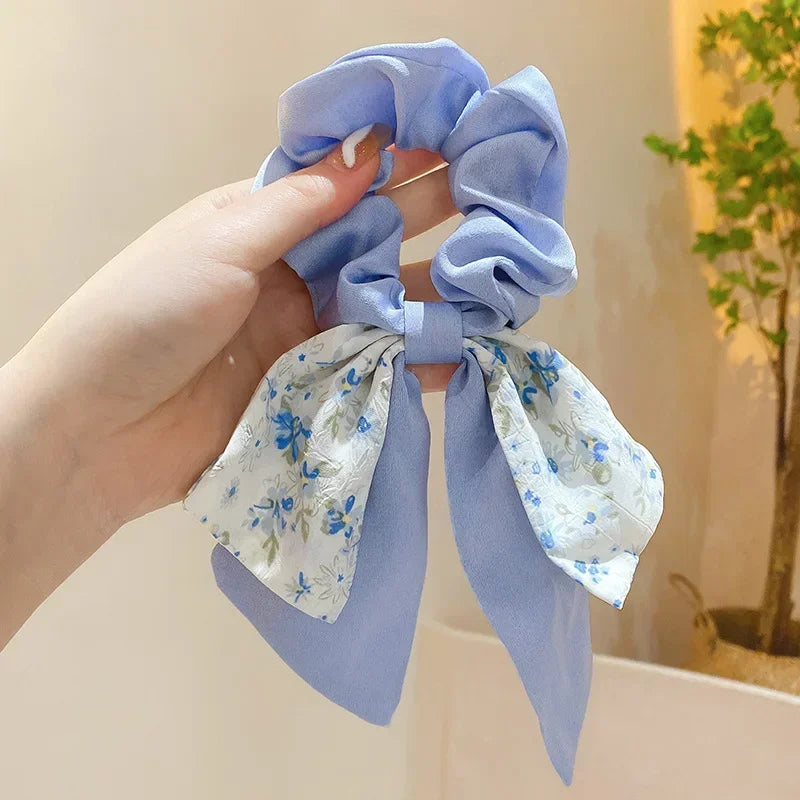 New Floral Print Bow Elastic Hair Bands Women Hair Ties Women Elegant Ribbon Rubber Band Headwear Girls Women  Hair Accessories