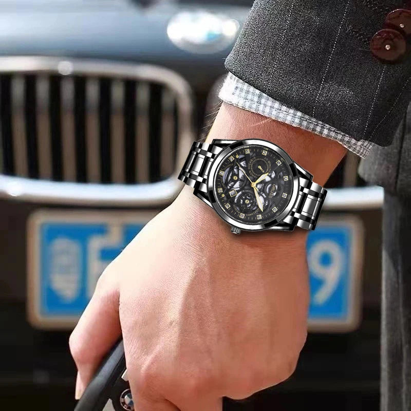 High-end personalized watches; fashionable stainless steel straps; durable and waterproof; hollow gear style; cool and trendy.