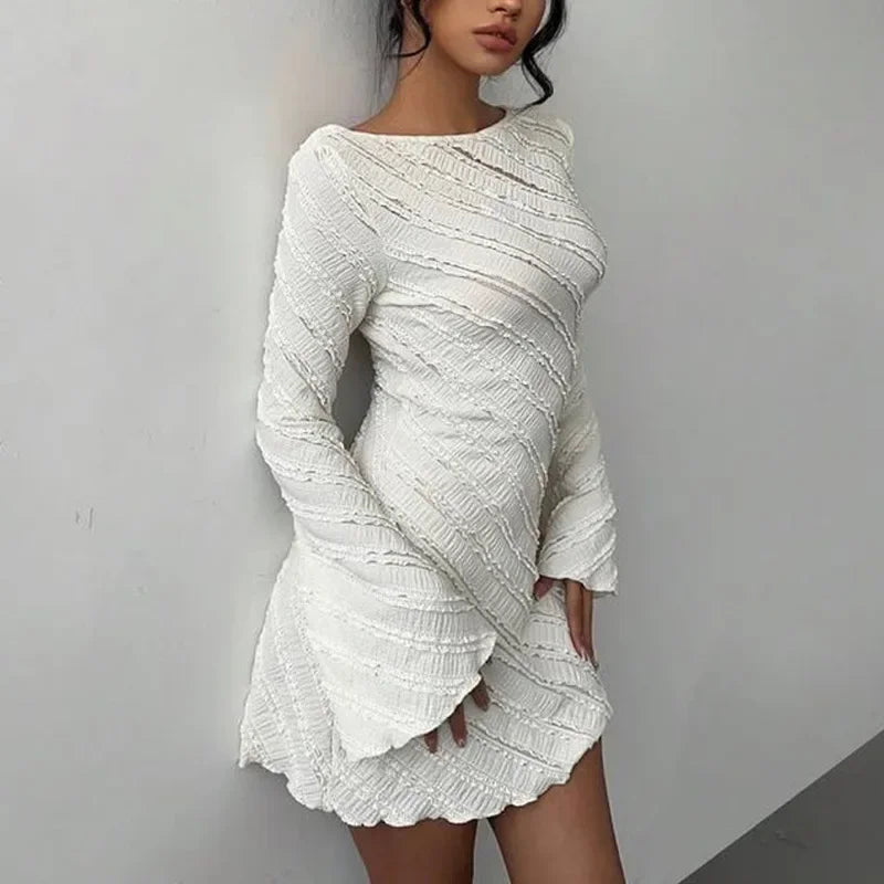 Women's Dress, White Knitted Fabric, Boat Collar A-word Short Skirt, Backless Lace-up.