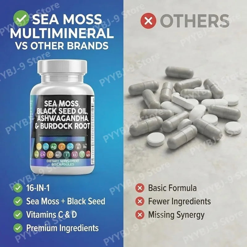Sea Moss Black Seed Oil Ashwagandha Burdock Bladderwrack Turmeric Complex Elderberry Chlorophyll ACV Dandelion60 Capsules
