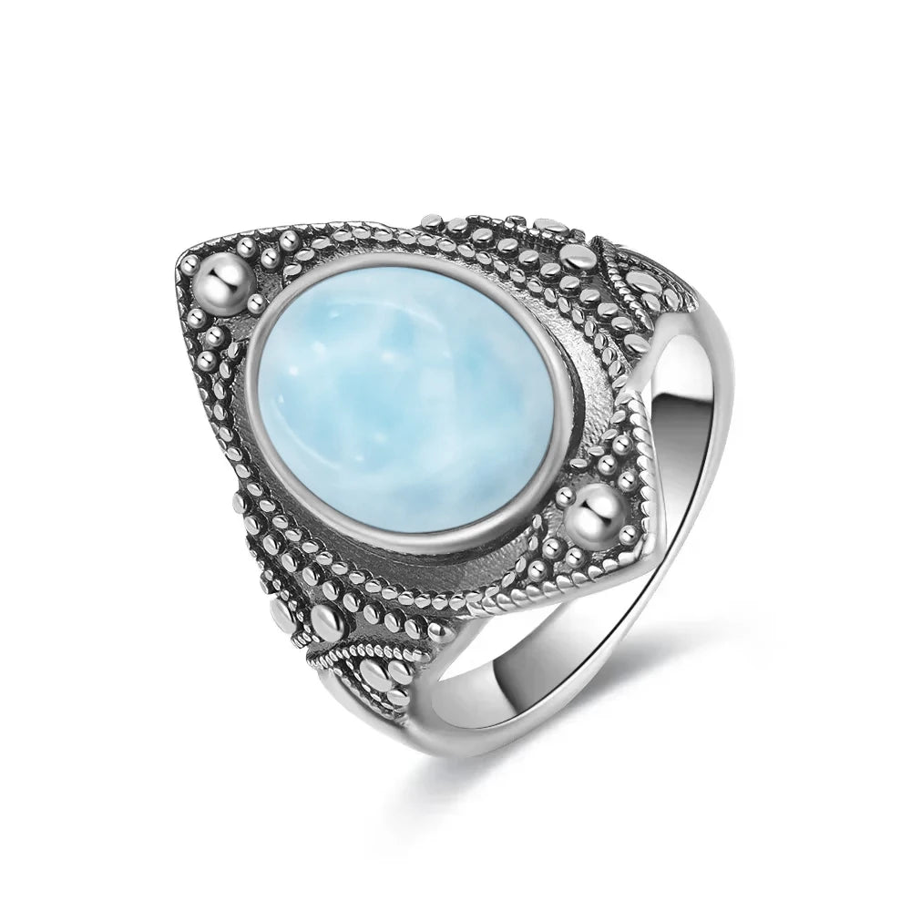Vintage 925 Silver Ring Natural Larimar Stone Ring Round Flower Shape Sky Blue Summer Ring Fine Jewelry Gift for Men Women