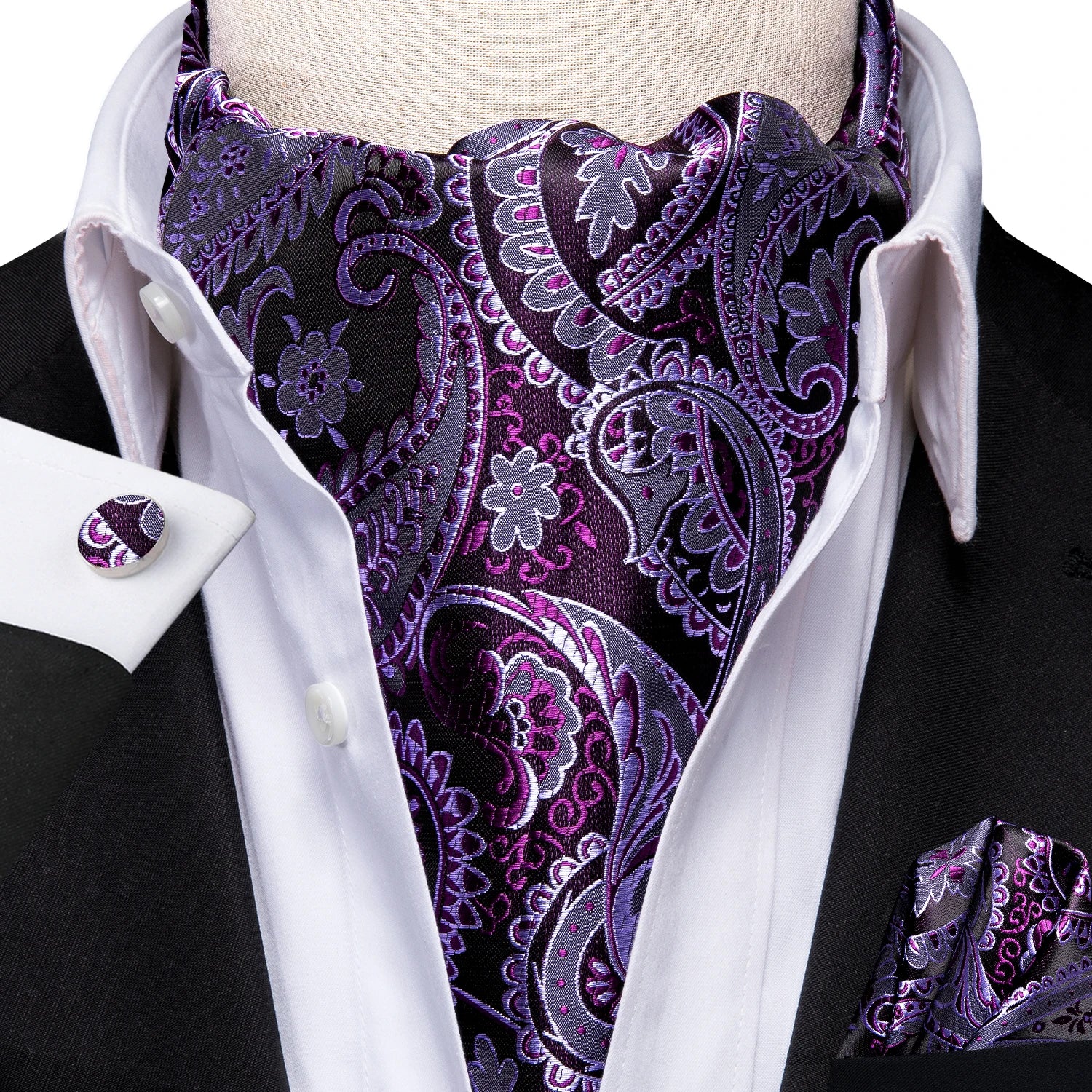 Hi-Tie Mens Ascot Black Pink Blue Red Gold Green Purple White Cravat Tie Hanky Cufflinks for Male Wedding Business Prom