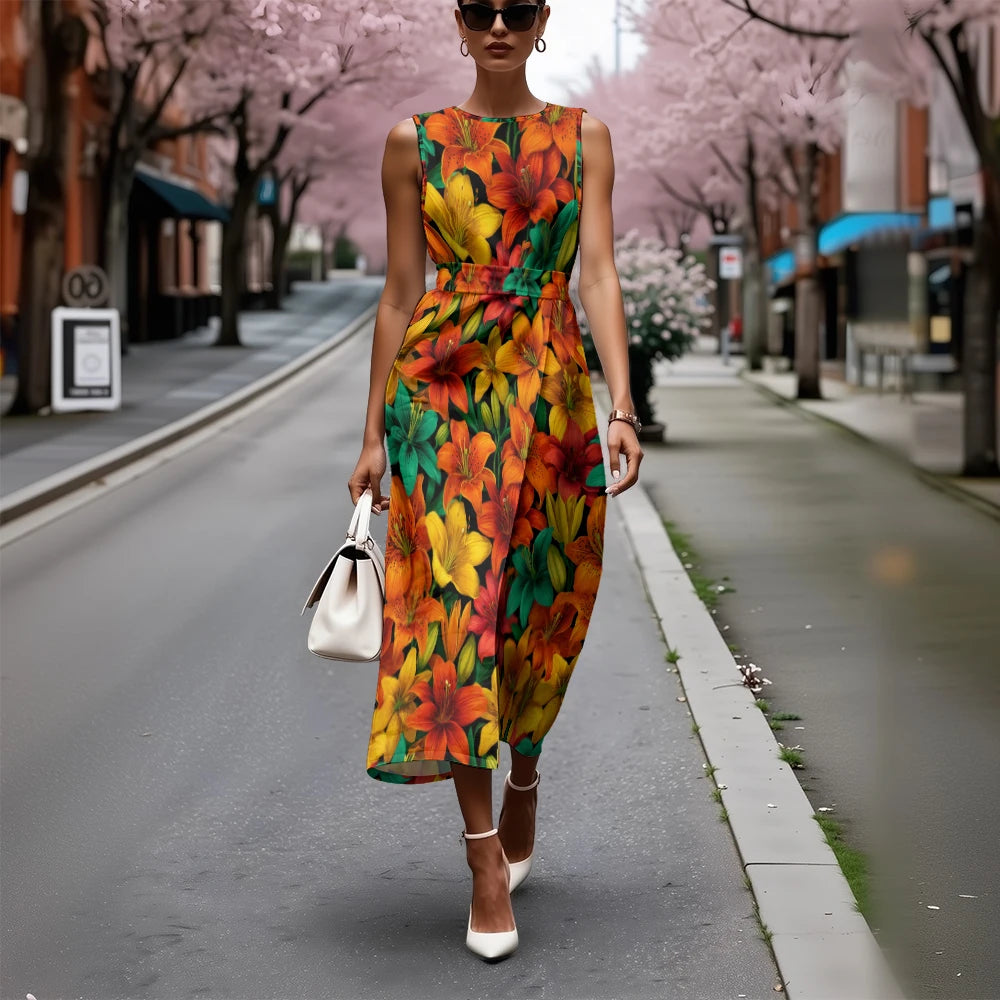 Elegant Floral Dress for Women Breathable A-Line Sleeveless Dress Chic Blue & White with Pink Blooms Office To Vacation Dress