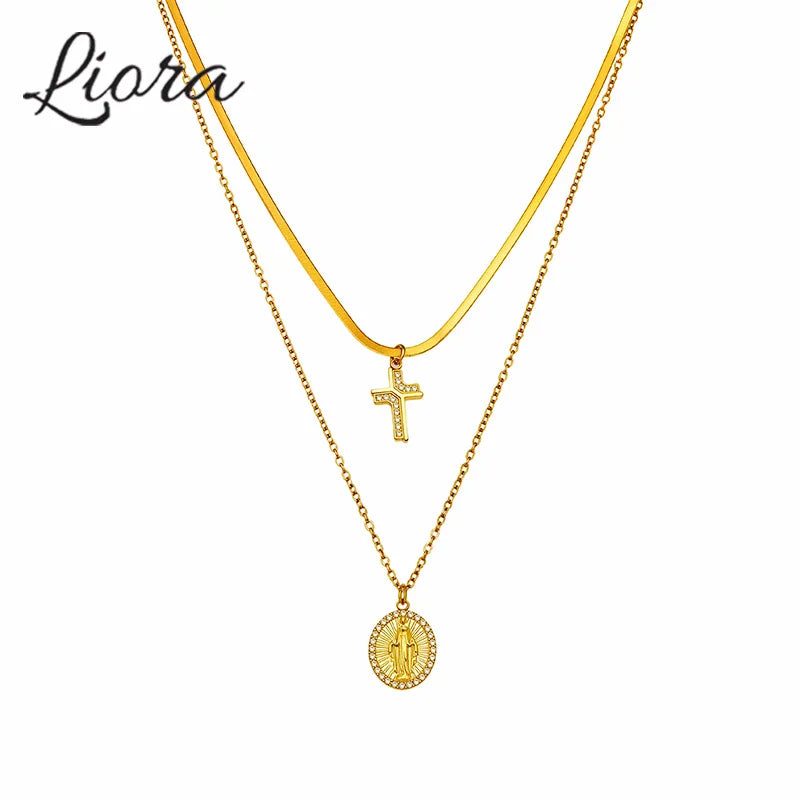 Liora Chic Cubic Zirconia Cross Pendant Necklaces For Women Double Chain Stainless Steel Mujer Choker Fashion Party Jewelry