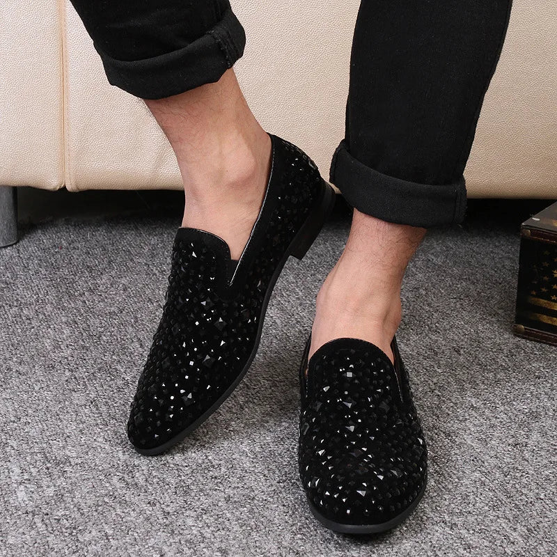 Dress Shoes for Men Luxury Pointed Toe Black Loafers Denim Metal Sequins Shoes Fashion High Quality Men Party Wedding Shoes New