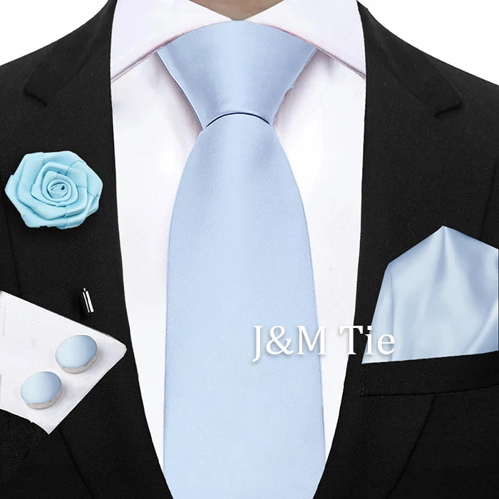 Mens Ties Solid NeckTie Pocket Square Brooch Set Men's Wedding Pink Blue Purple Tie Suit Accessories Fit Group Holiday Party