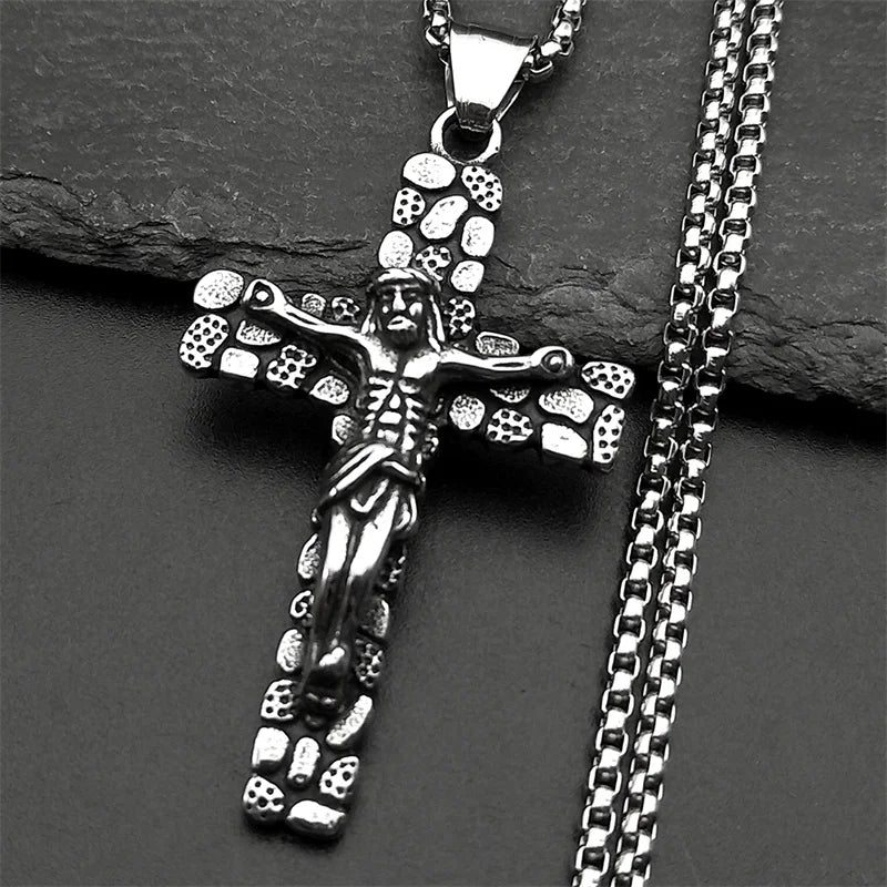 Jesus Cross Crucifix Pendant Necklace for Men Stainless Steel Gold Color Christian Coffee Bean Chain Jewelry croix chrétienne