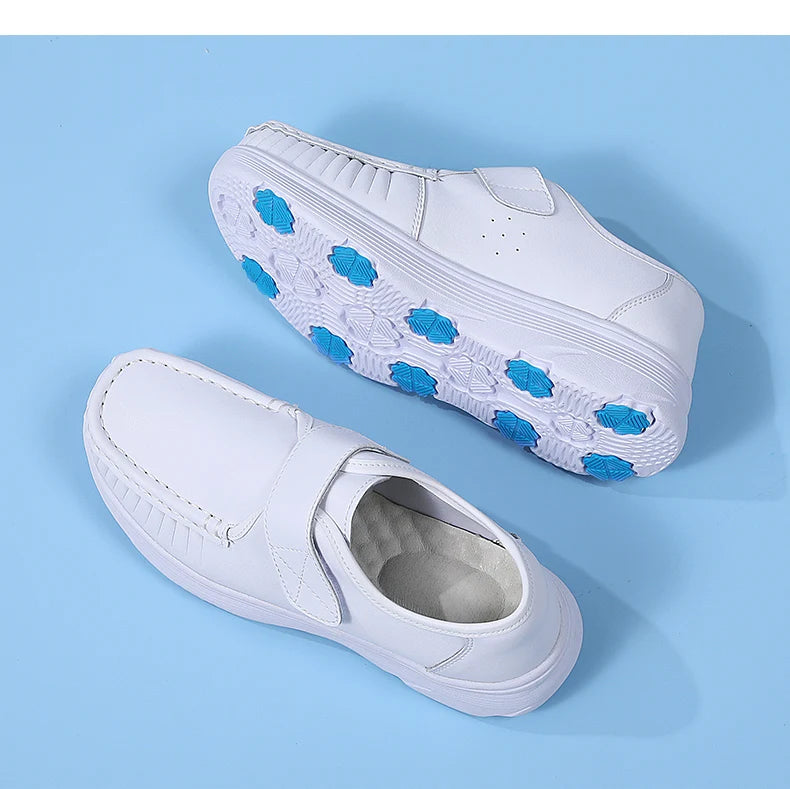 Women's Genuine Leather Nurse Shoes Soft Bottom Comfortable Breathable Anti-Slip Magic Tape Work Shoes Black White Spring Autumn