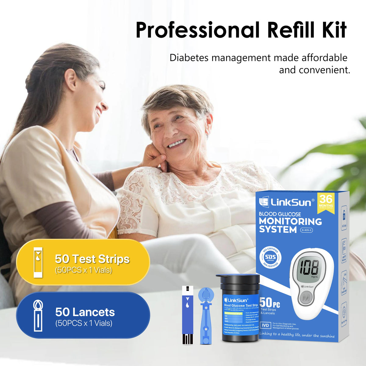 LinkSun G-425-1/-2/-3 Glucosemeter Monitor Complete Kit 10/50/100pcs Test Strips Blood Sugar Tester Diabetes Blood Glucose Meter