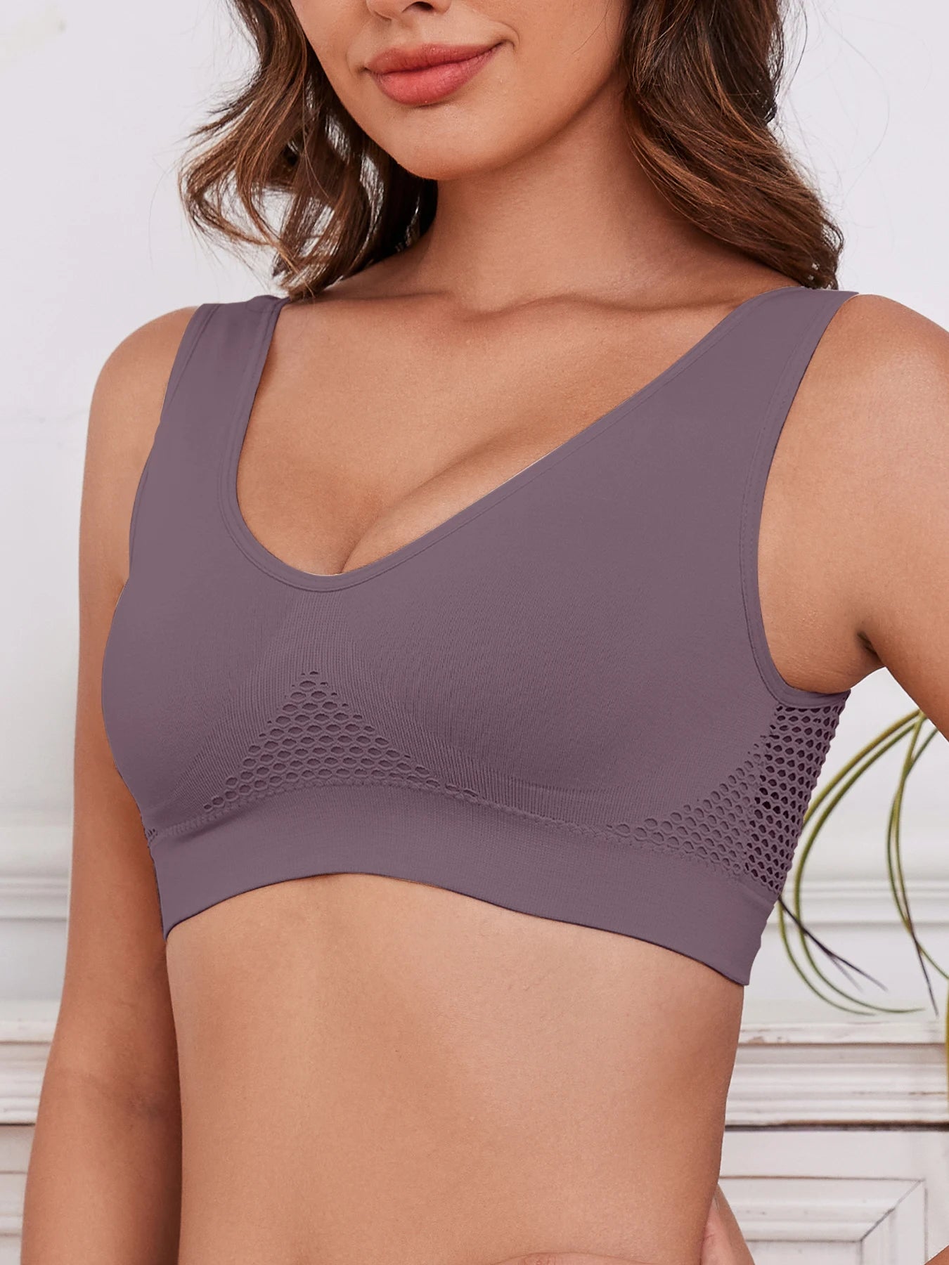 Women's Sports Bra Crop Top Fitness Gym Runing Sportswear Wireless Hollow Mesh Yoga Bra Sports Underwear Push Up@W03