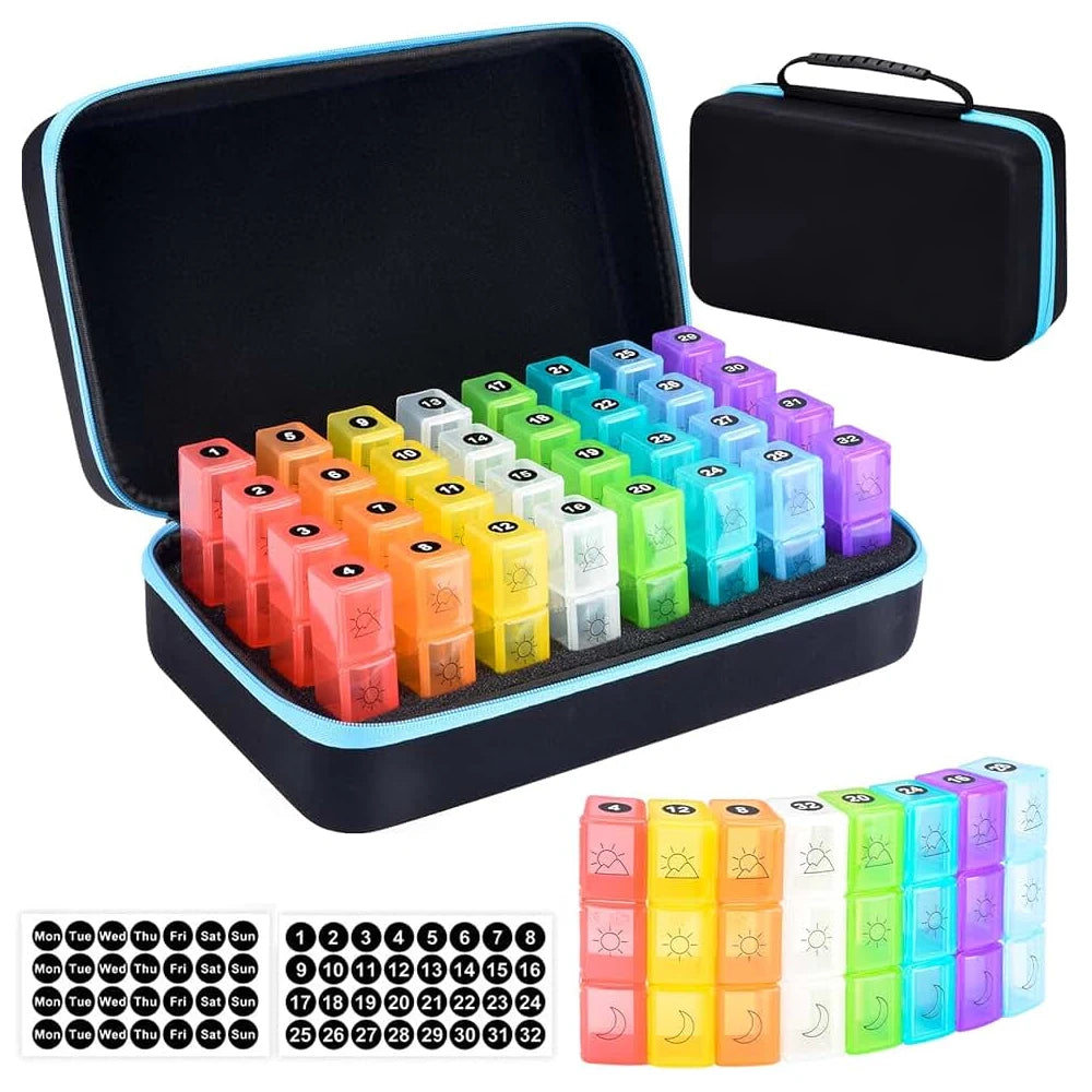 Pills Box Organizer with Travel Case, Monthly Medicine Organizer with 32 Daily Compartments for Vitamin, Fish Oil & Supplements
