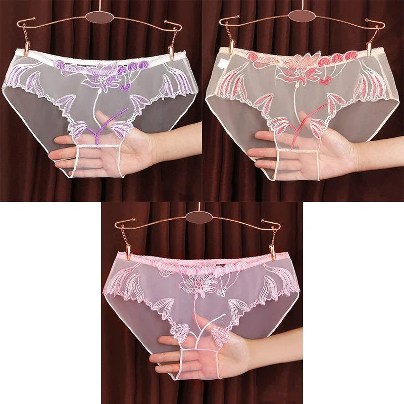 3PCS Solid Full Mesh Sexy Briefs Embroidered Floral Transparent Panties Plus Size Seamless Underwear Low Waist Erotic Lingerie