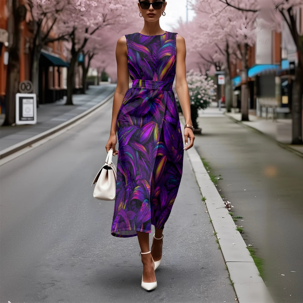 Elegant Floral Dress for Women Breathable A-Line Sleeveless Dress Chic Blue & White with Pink Blooms Office To Vacation Dress