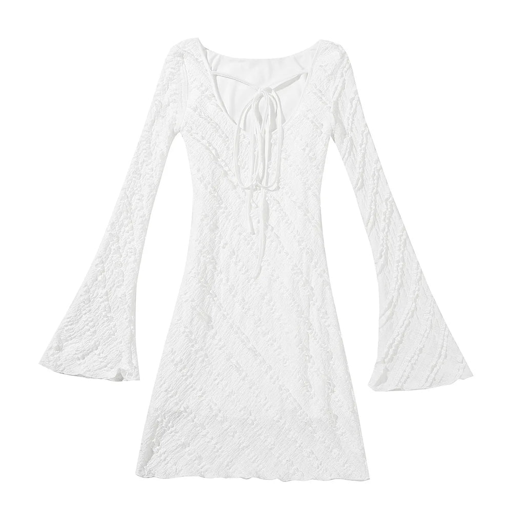 Women's Dress, White Knitted Fabric, Boat Collar A-word Short Skirt, Backless Lace-up.