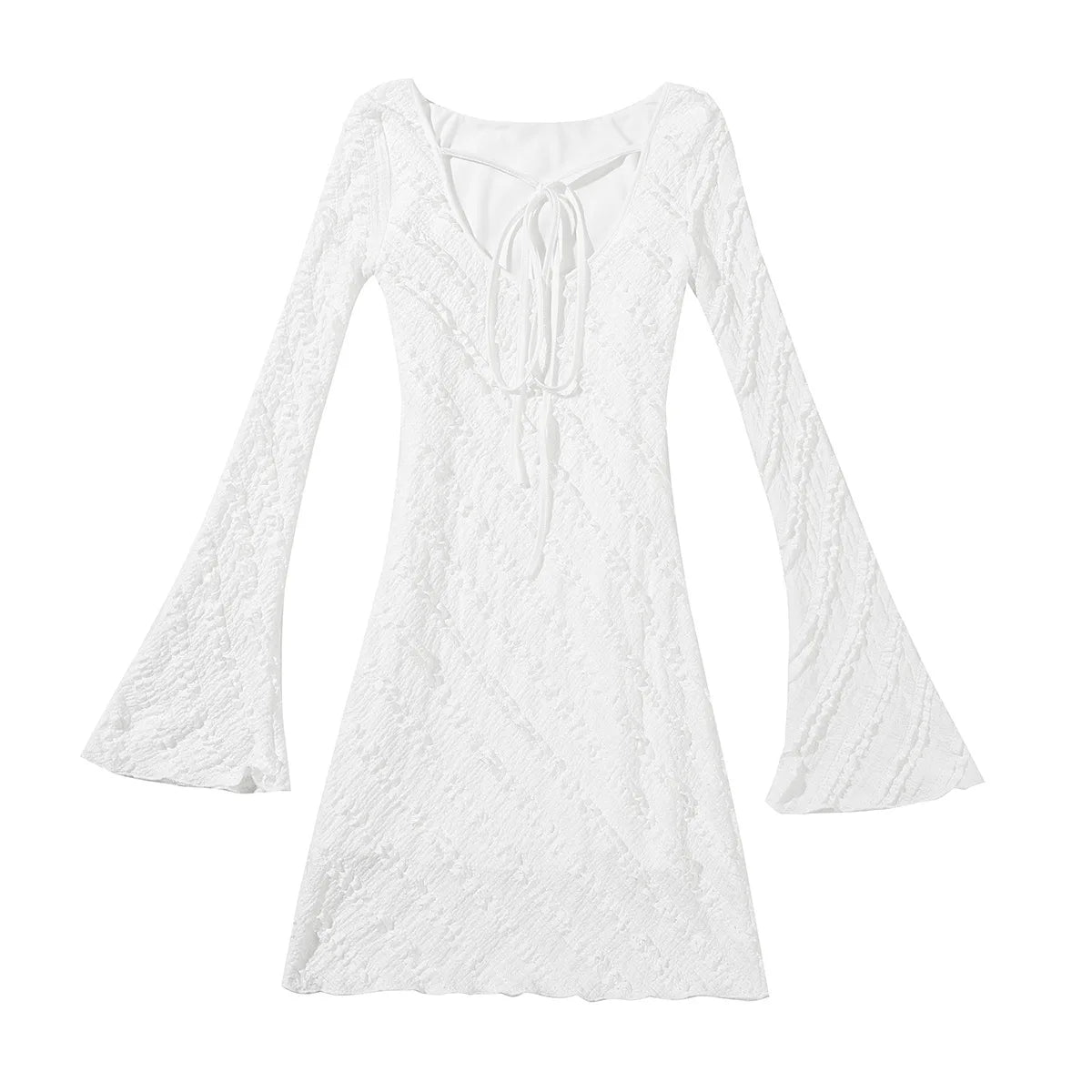 Women's Dress, White Knitted Fabric, Boat Collar A-word Short Skirt, Backless Lace-up.