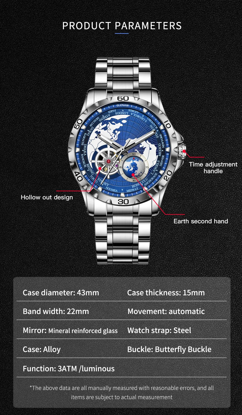 2025 New GLENAW Earth Series Mechanical Watch Men Rotating Earth Dial Night Light Waterproof Top Luxury Design Mechanical Watch