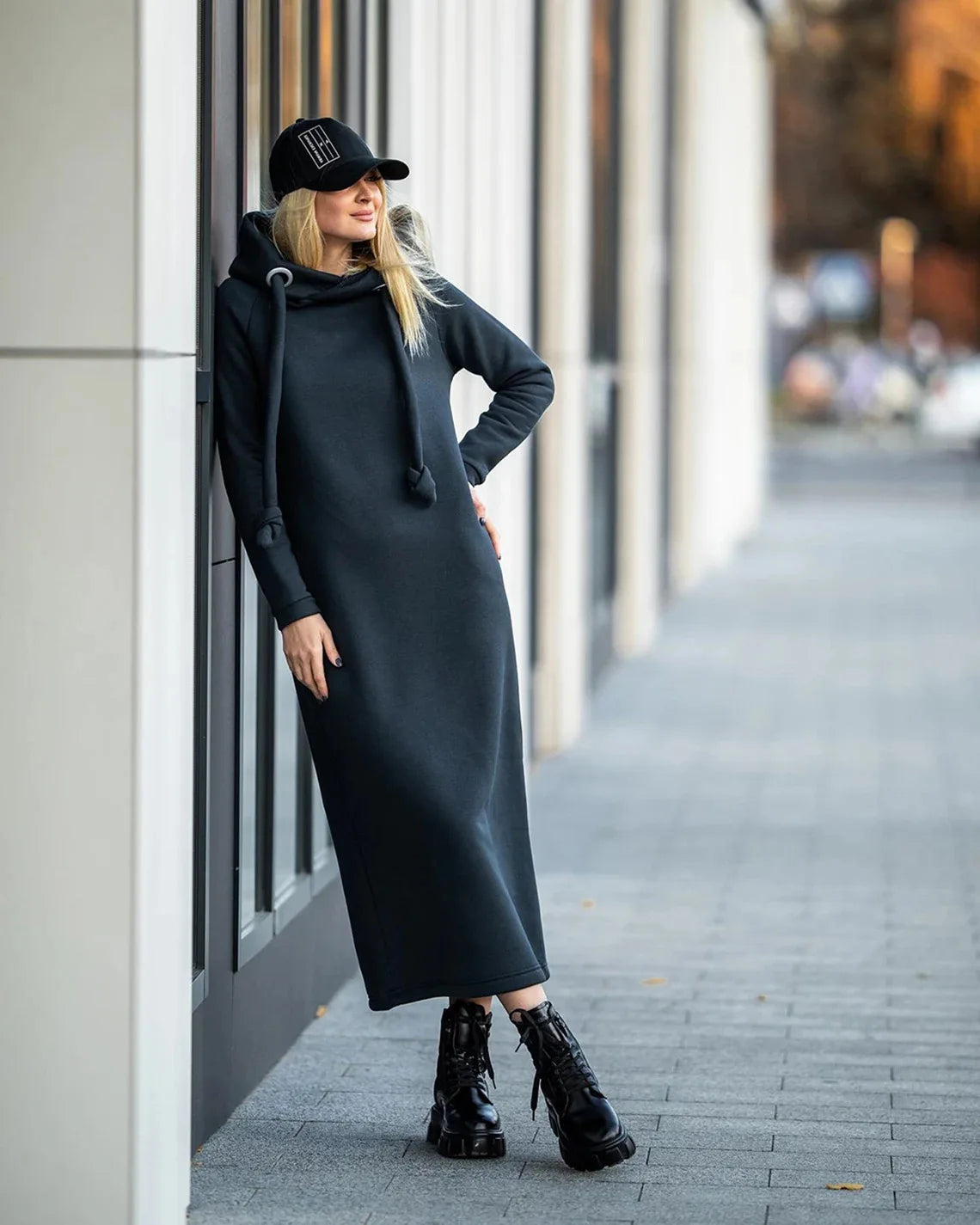 Women Fashion  New Loose Large Knitted Hooded Autumn Winter Long Dress Velvet Hoodie Dress Casual Dress Splicing Warm Dress