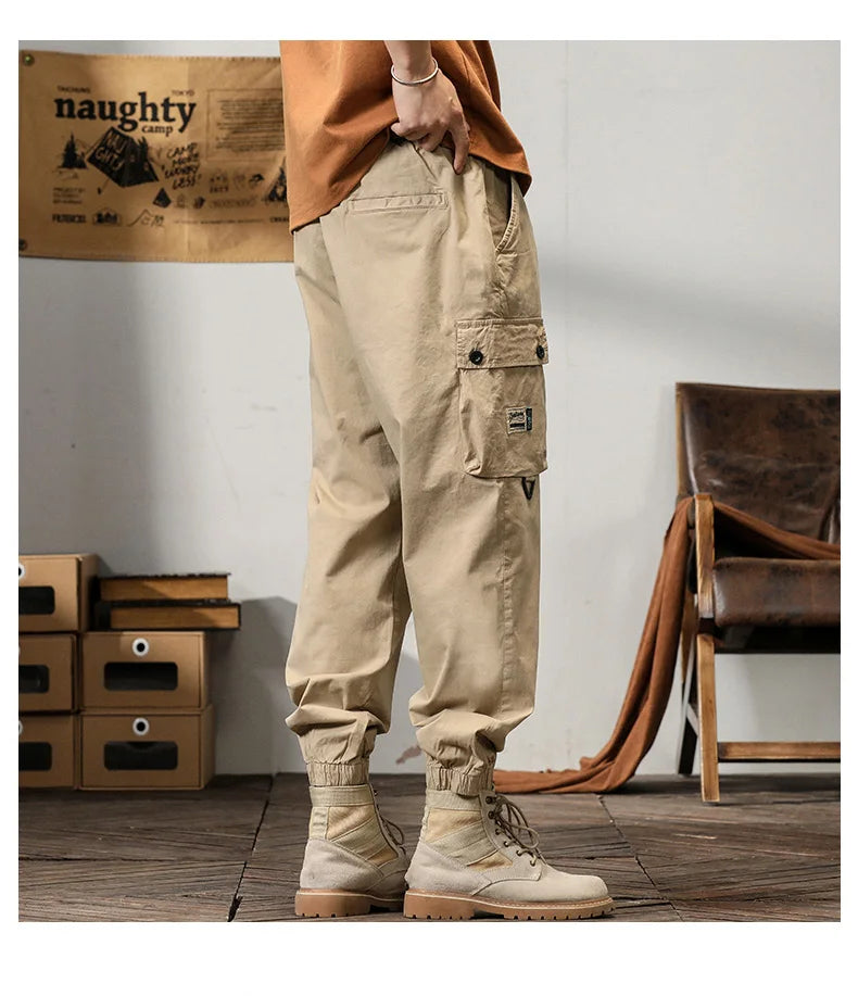 Man's Cargo Pants High Waist Casual Ninth Pants Fashion Slim High Street Straight Workwear Trousers Trend Streetwear Binding leg