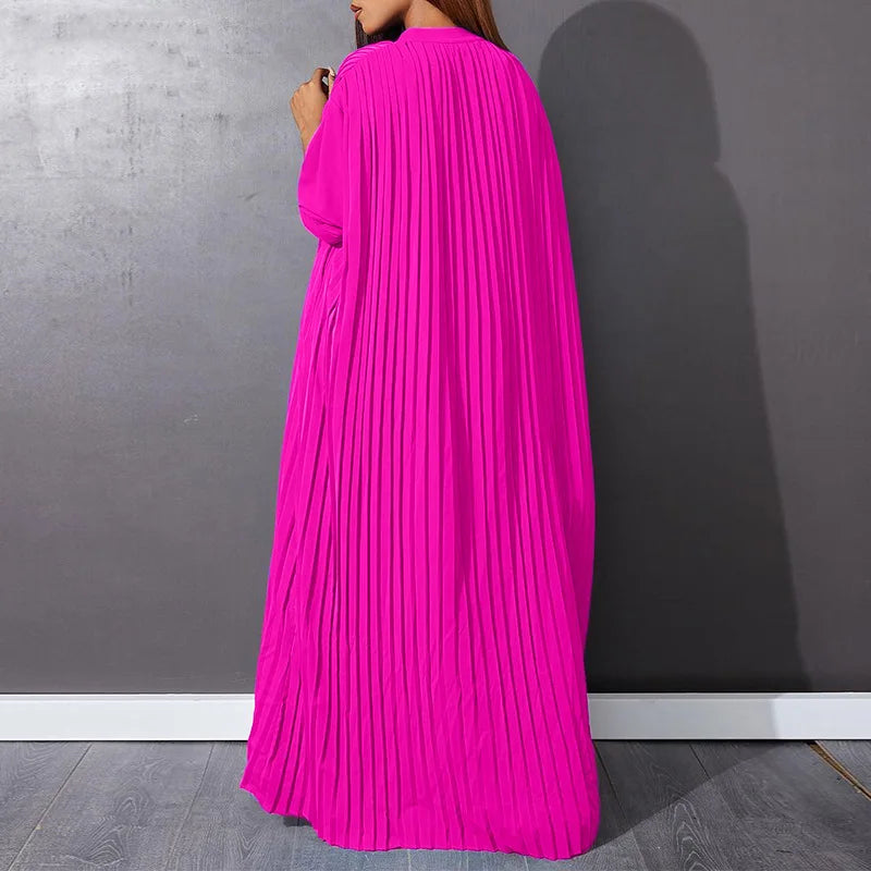 Women Eid Muslim Dresses Stand Collar Single Breasted Dubai Arab Vestidos Ramadan Casual Loose Kaftan Dress Solid Pleated