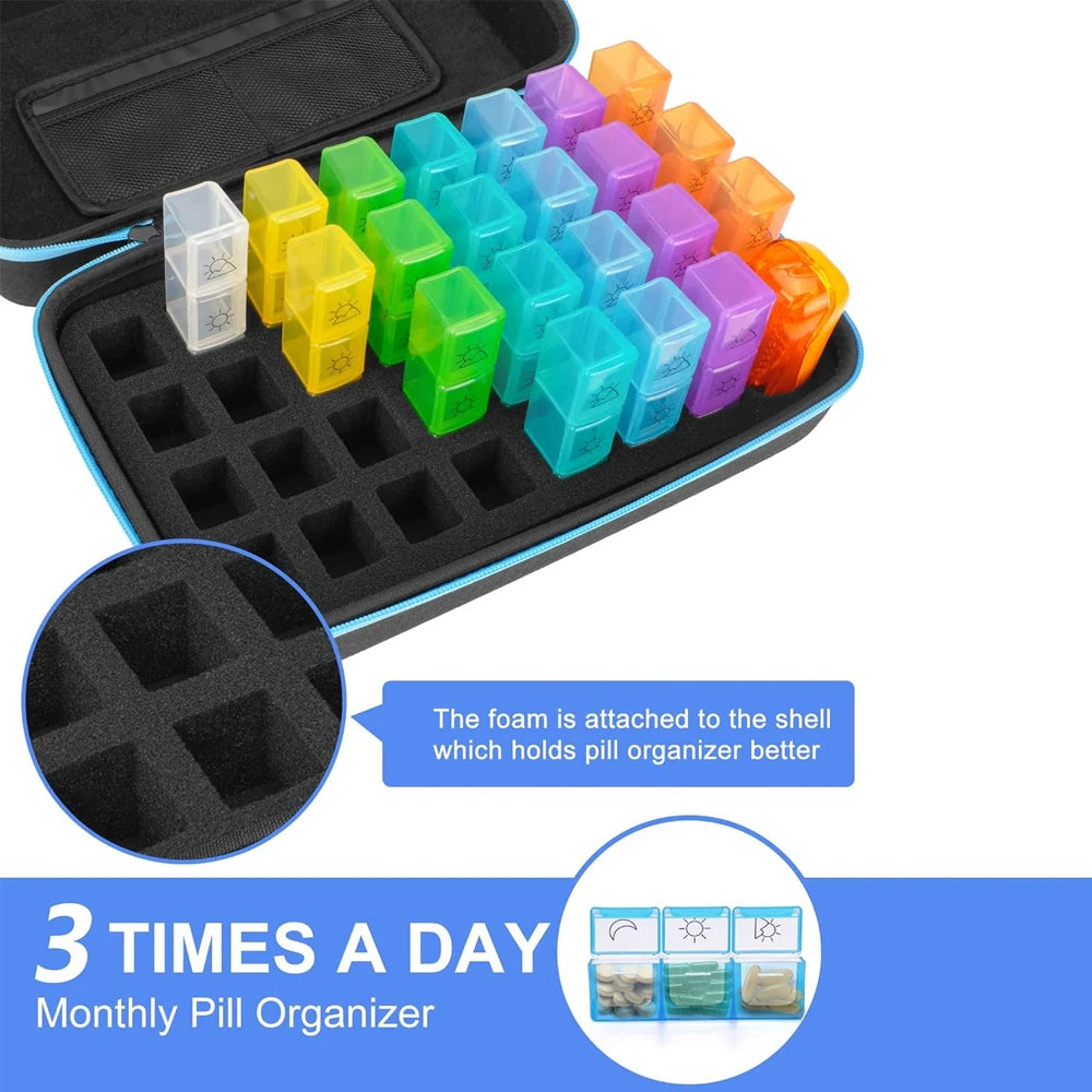 Month Medicine Organizer Box 3 Times A Day, Medicine Pill Boxes with 32 Daily Compartments & Portable Travel Medicine Organizing