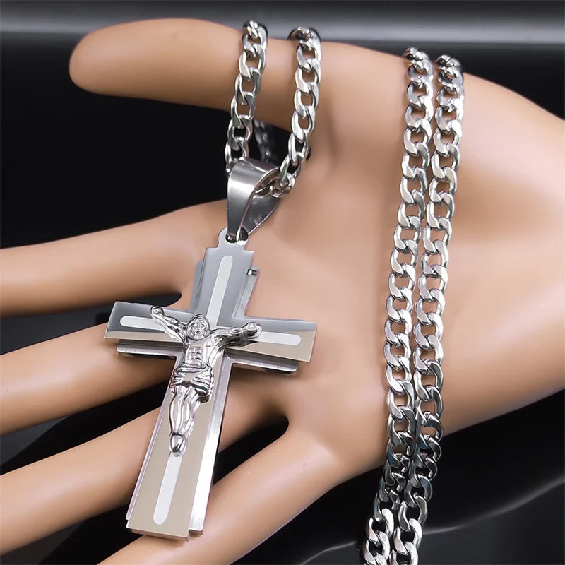 Jesus Cross Necklace Women Stainless Steel Chain for Men Silver Color Crucifix Religious Necklaces Jewelry Cruz collar N2343S05