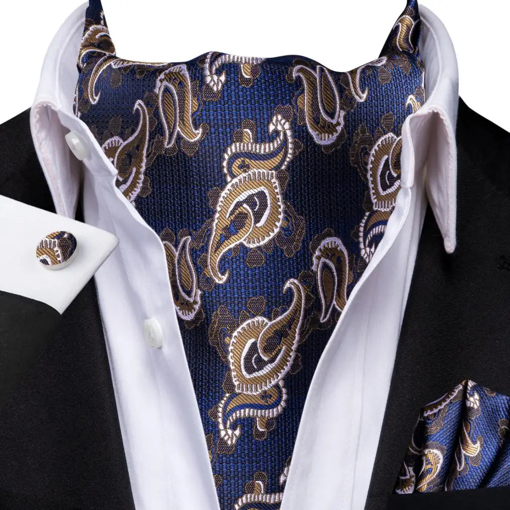 Hi-Tie Mens Ascot Black Pink Blue Red Gold Green Purple White Cravat Tie Hanky Cufflinks for Male Wedding Business Prom