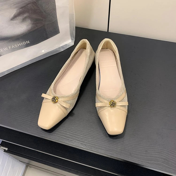 Women's Dance Shoes, Lightweight Breathable Square Toe Bow Flats, PU Leather Office Dress Shoes for Banquet, Date & Party