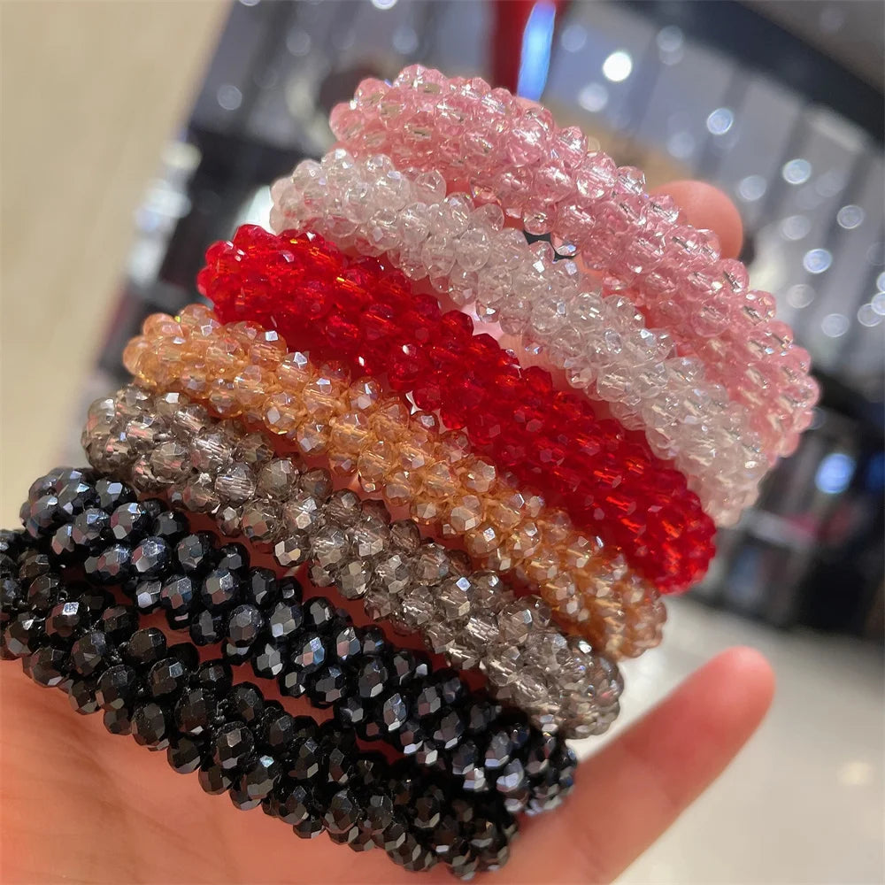 Crystal Beads Hair Ties for Women Vintage Ponytail Scrunchies Elastic Hair Bands Glass Beaded Rubber Hair Rope Accessories