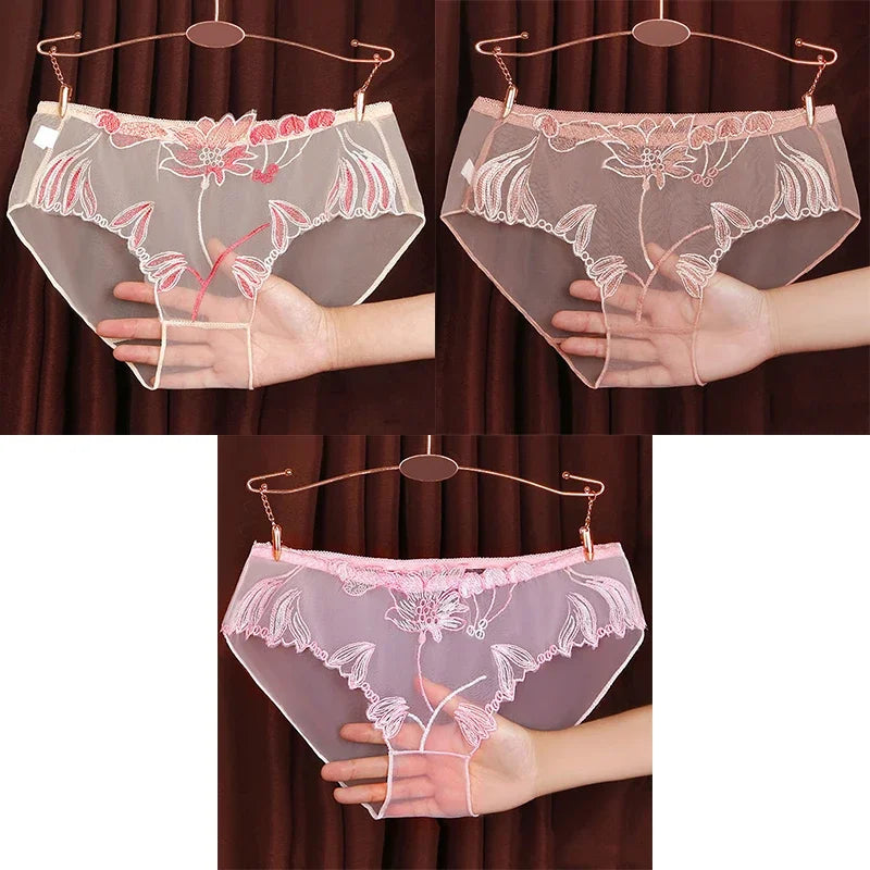 3PCS Solid Full Mesh Sexy Briefs Embroidered Floral Transparent Panties Plus Size Seamless Underwear Low Waist Erotic Lingerie