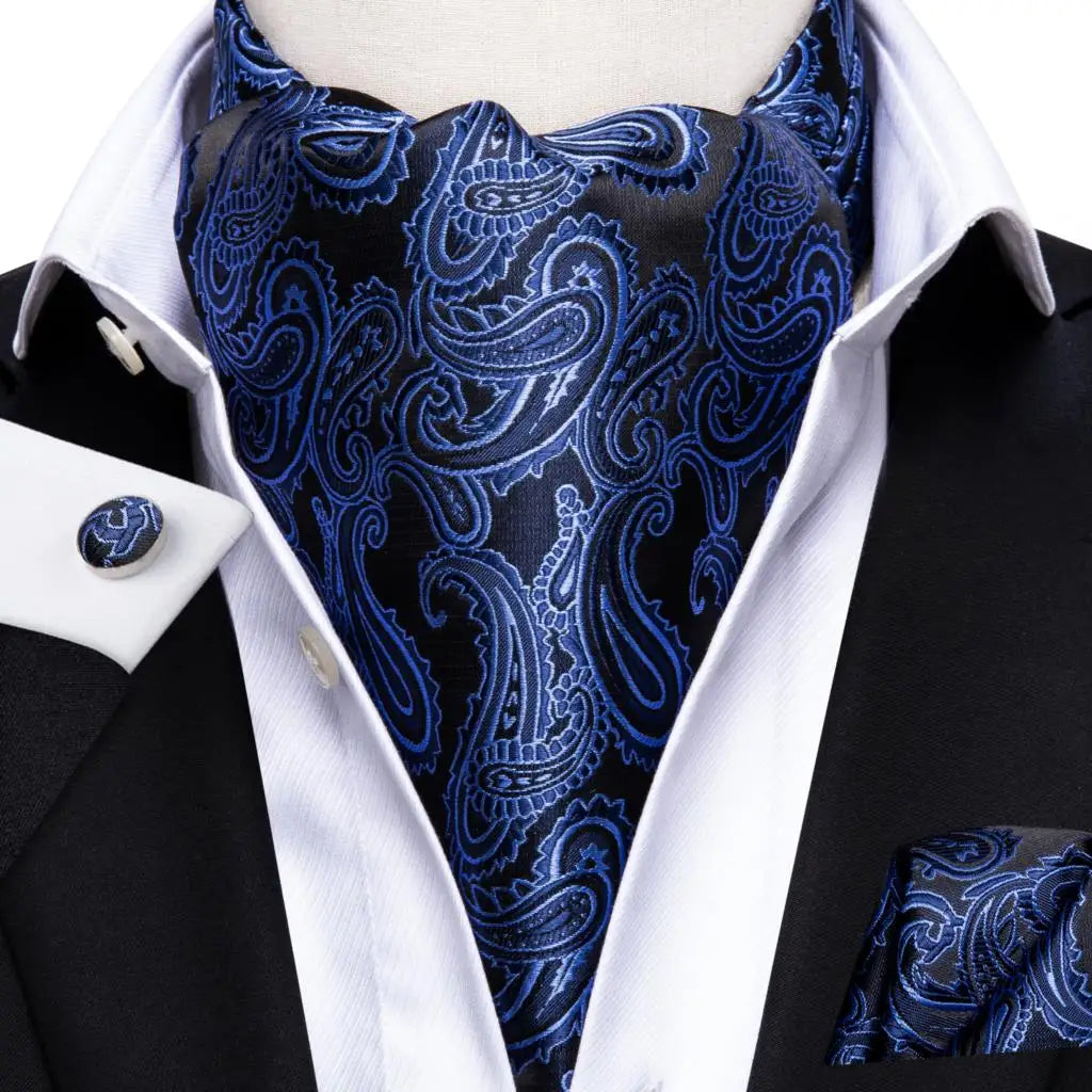 Hi-Tie Mens Ascot Black Pink Blue Red Gold Green Purple White Cravat Tie Hanky Cufflinks for Male Wedding Business Prom