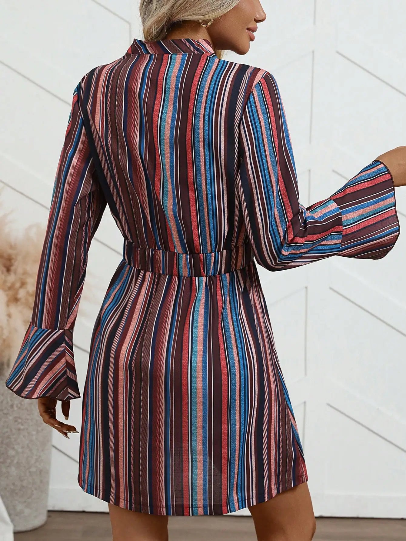 Women's elegant dress, winter dress, striped print, casual, conservative, party-appropriate, belted, button-down, everyday.